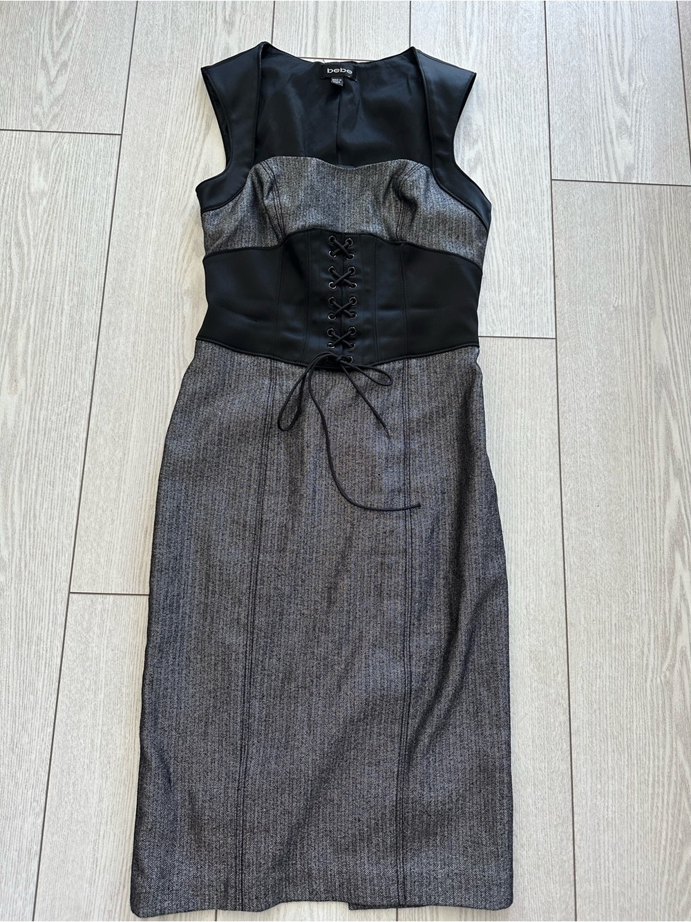 bebe Black and Gray Lace-Up Midi Dress
